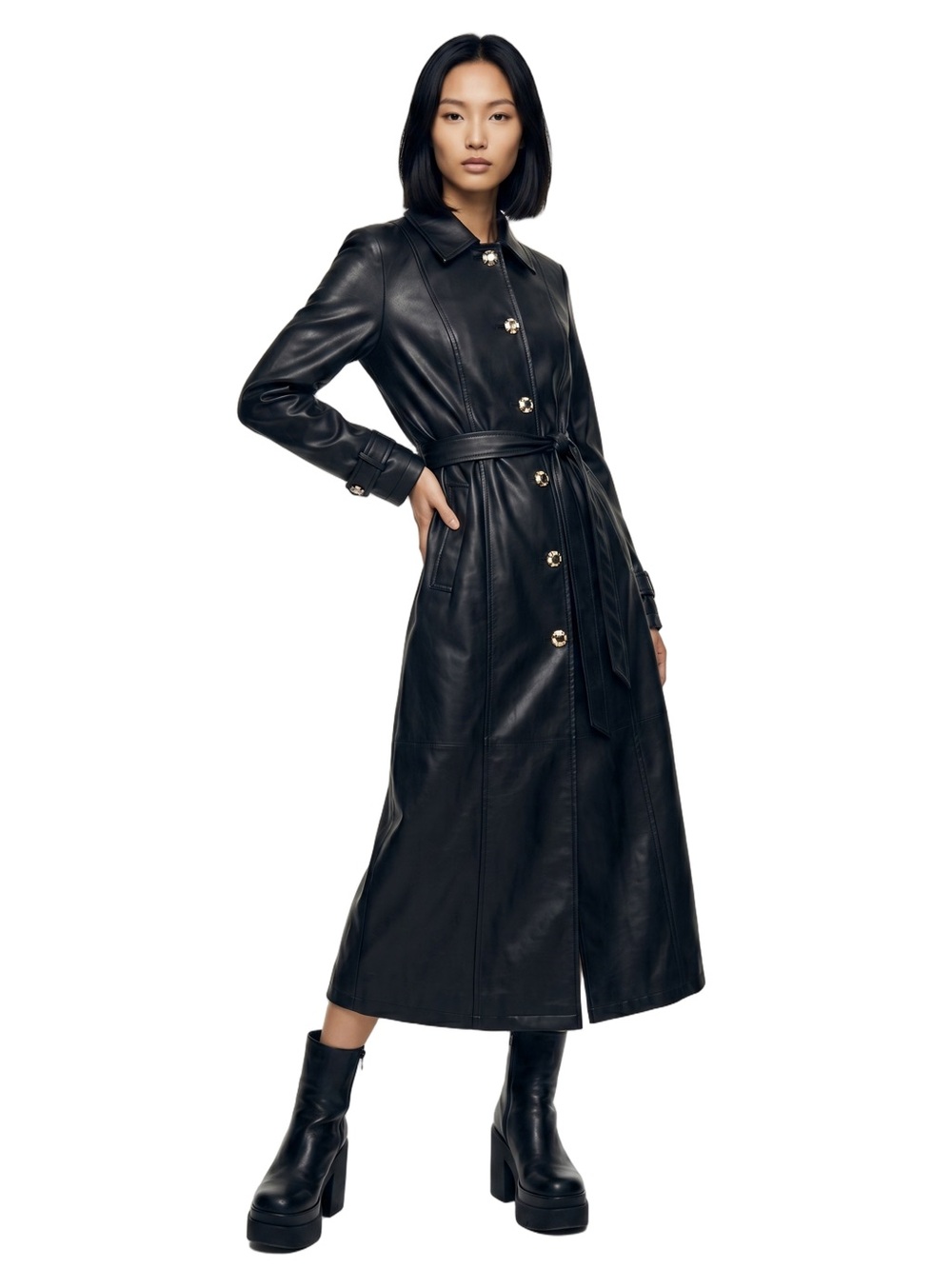 DENNIS BASSO Trench coat Black faux leather Full length Vintage SMALL Trending - Picture 3 of 16